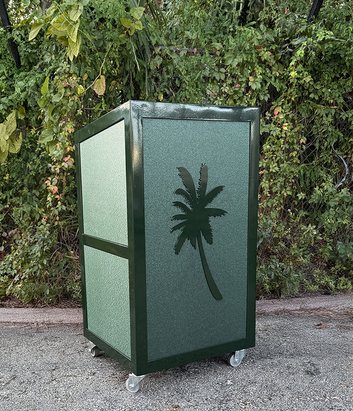 green podium with green plam tree logo