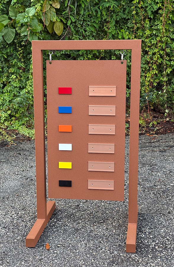 custom yardage sign with textured rust powder coat