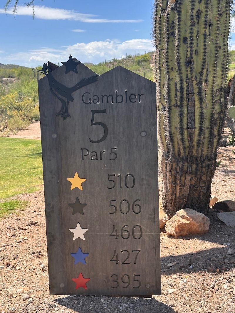 steel tee sign on desert golf course
